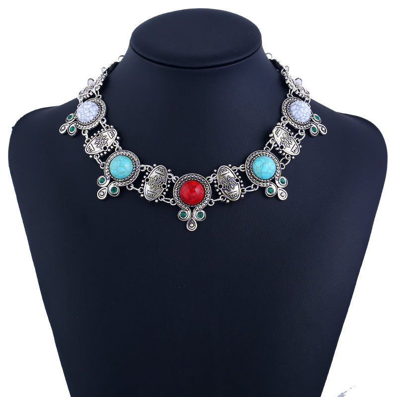 Boho Vintage Turquoise Bead Chocker Necklace - Short Statement Design - Turquoise Glow