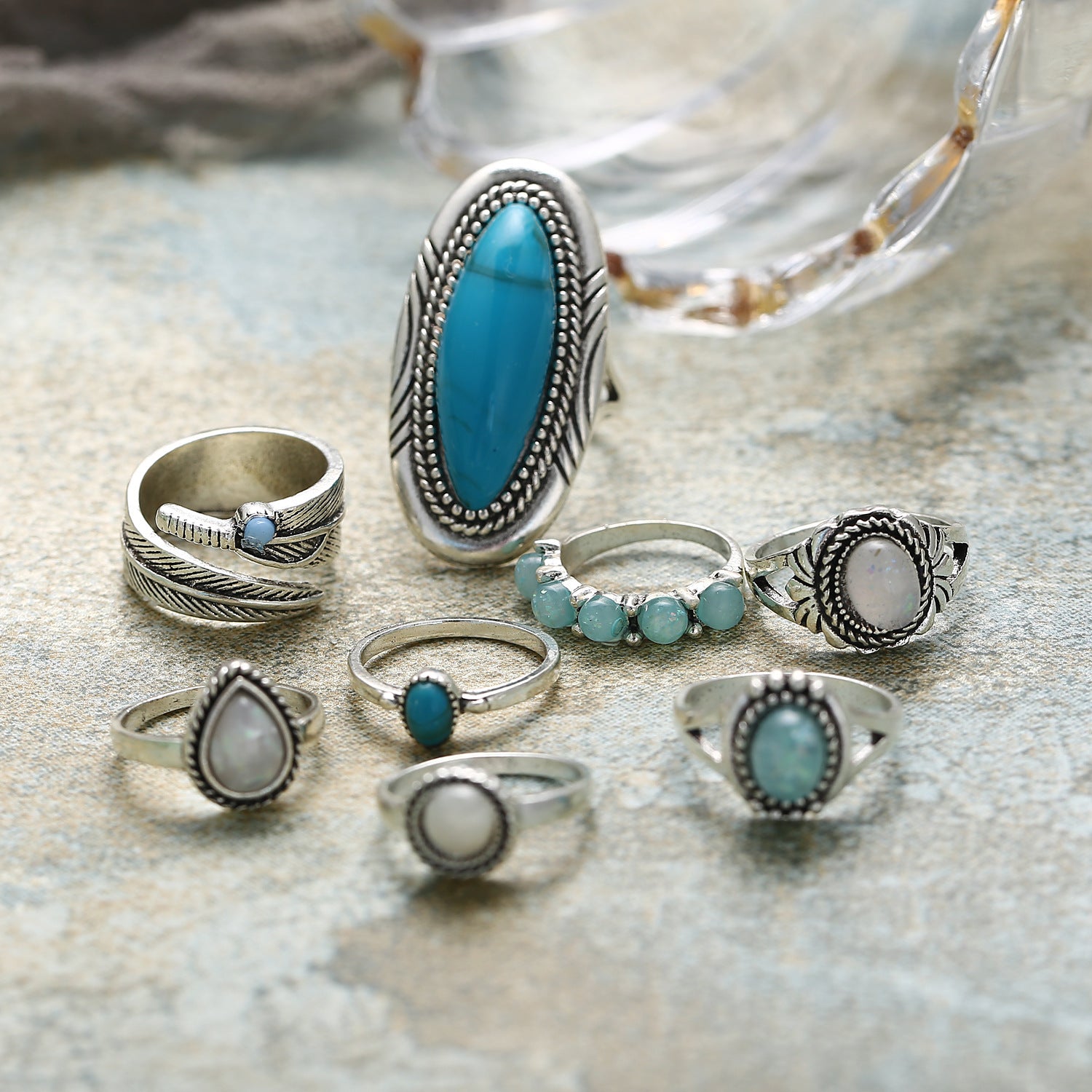 Boho Turquoise Opal Ring Set - 8 Piece Adjustable Jewelry Collection - Turquoise Glow