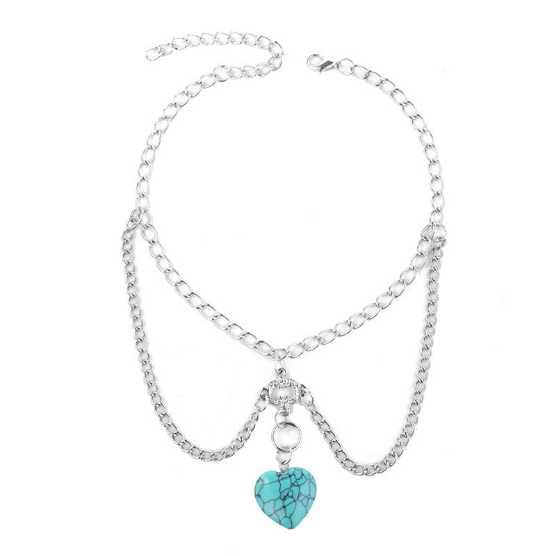 Boho Turquoise Heart Body Chain - Delicate Silver Layered Jewelry - Turquoise Glow