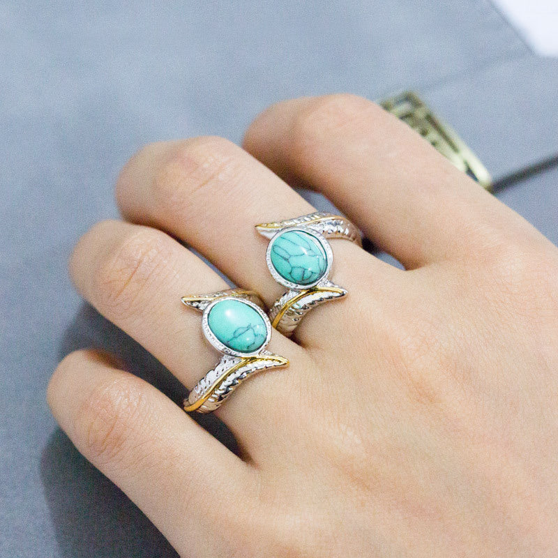 Boho Turquoise Feather Ring - Adjustable Vintage Silver Band - Turquoise Glow