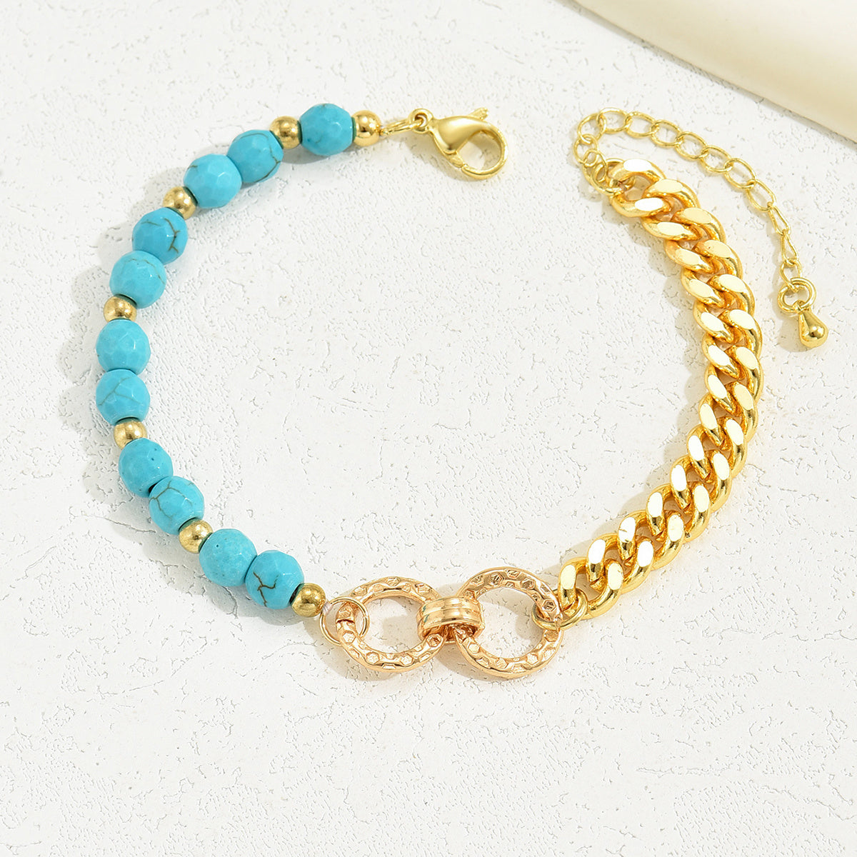 Boho Chic Turquoise & Gold Multi-Layer Bracelet - Adjustable Double Ring Design - Turquoise Glow
