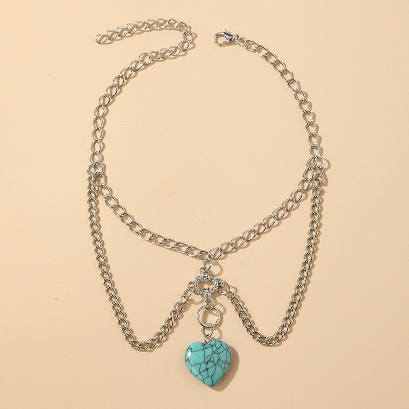 Boho Turquoise Heart Body Chain - Delicate Silver Layered Jewelry - Turquoise Glow