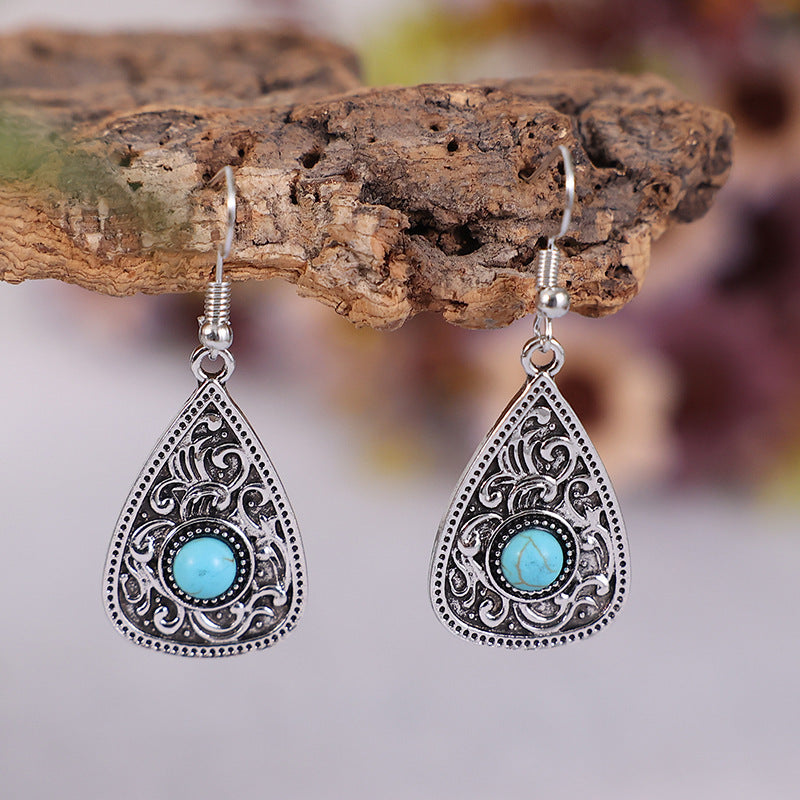 Boho Ethnic Turquoise Teardrop Earrings - Bronze Vintage Pattern Design - Turquoise Glow