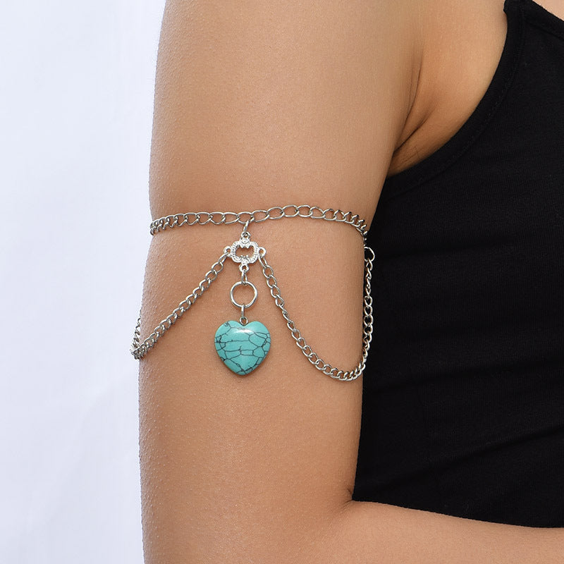 Boho Turquoise Heart Body Chain - Delicate Silver Layered Jewelry - Turquoise Glow
