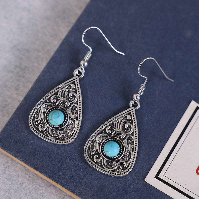 Boho Ethnic Turquoise Teardrop Earrings - Bronze Vintage Pattern Design - Turquoise Glow