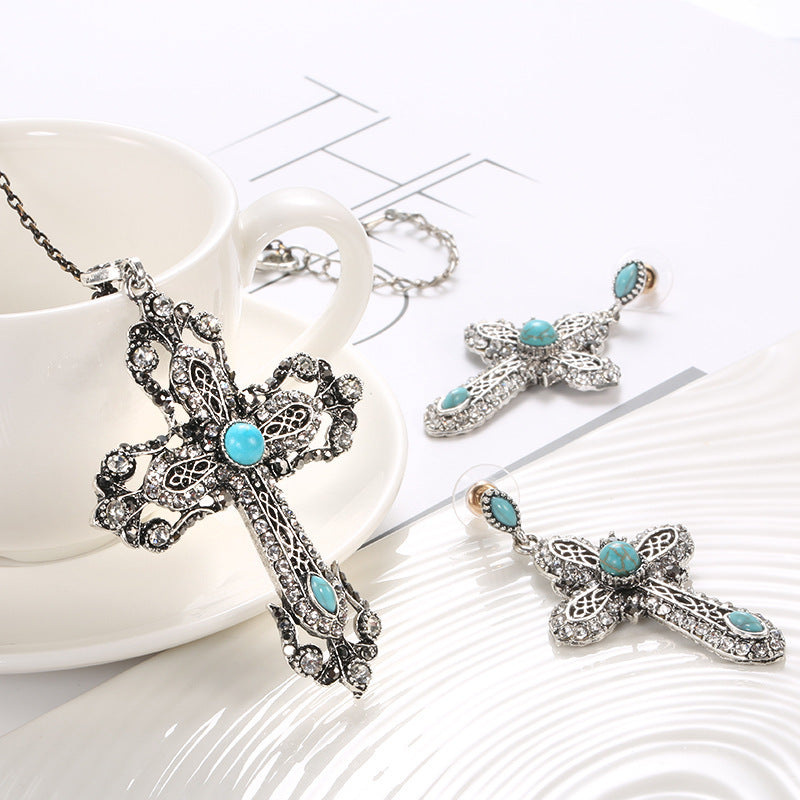 Boho Vintage Cross Jewelry Set - Necklace & Earrings Retro Earrings in Silver - Turquoise Glow