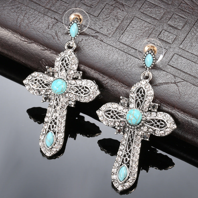 Boho Vintage Cross Jewelry Set - Necklace & Earrings Retro Earrings in Silver - Turquoise Glow