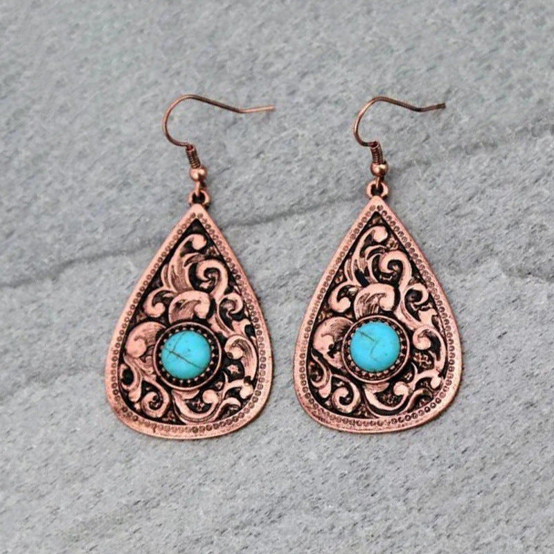 Boho Ethnic Turquoise Teardrop Earrings - Bronze Vintage Pattern Design - Turquoise Glow