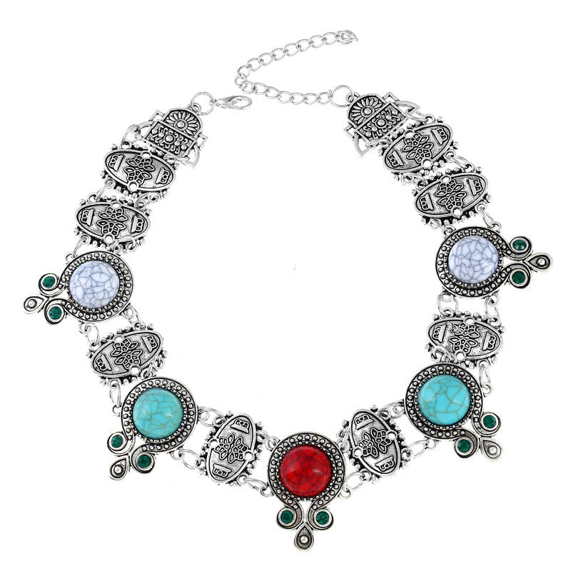 Boho Vintage Turquoise Bead Chocker Necklace - Short Statement Design - Turquoise Glow