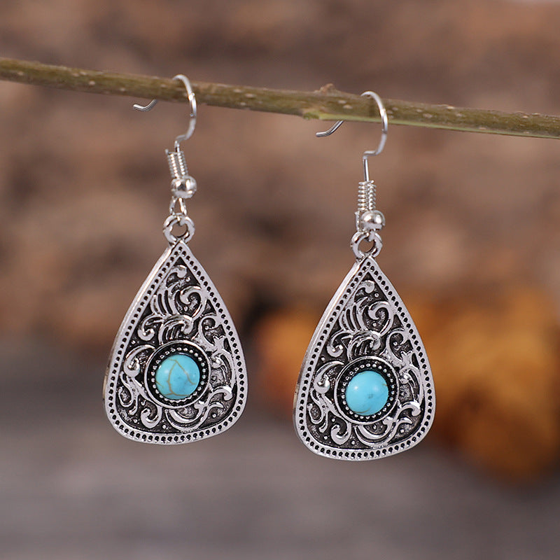 Boho Ethnic Turquoise Teardrop Earrings - Bronze Vintage Pattern Design - Turquoise Glow